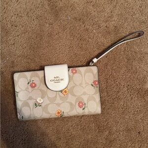 Coach Floral Print Wristlet Clutch in Tan and Cream